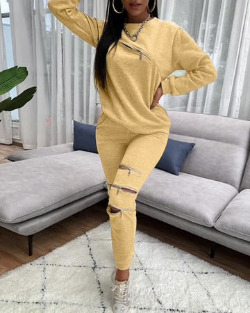 2PC Casual Zipper Solid Color Set