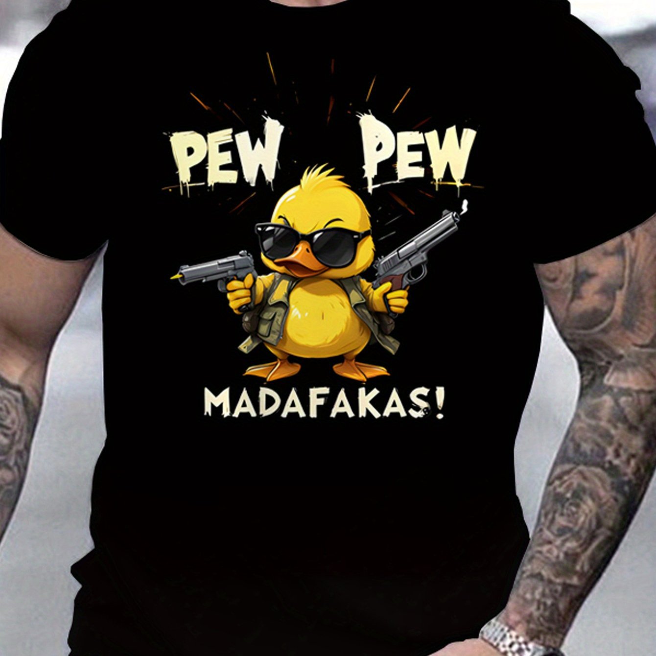 Fun Duck Pattern T-shirt - Breathable And Moisture Absorbing Polyester Fiber, Casual Round Neck Short Sleeve, Men's Summer Fashion Top