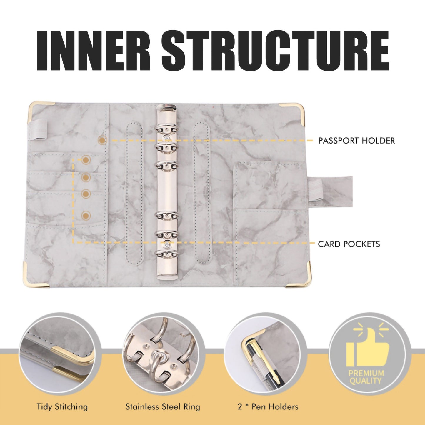 A6 PU Leather Budget Binder A6 Notebook Binder for Budgeting Money Saving Folder Marble Pattern Corner Protector Black