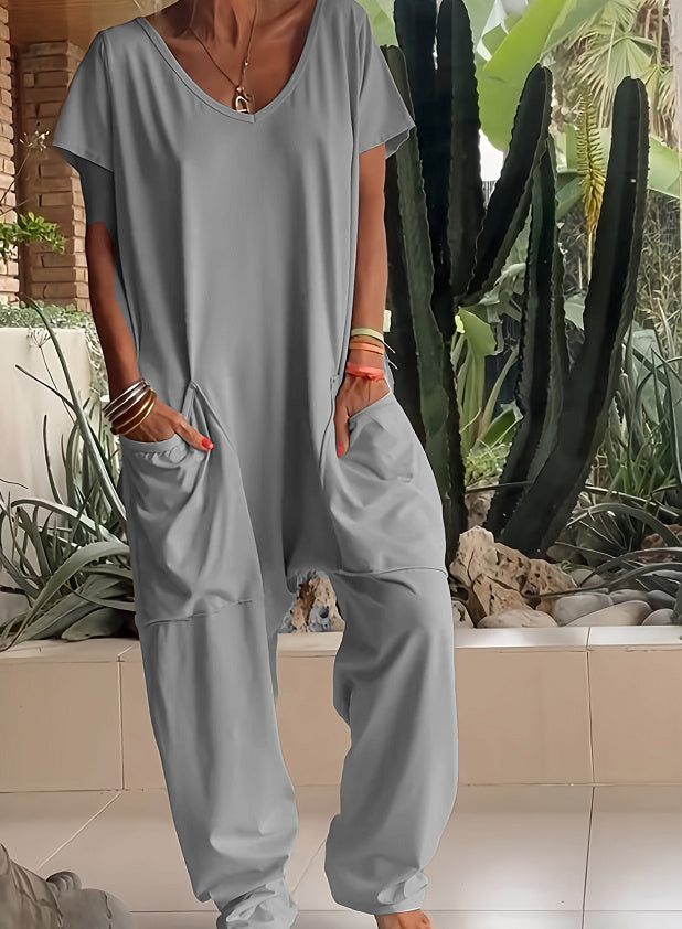 European And American Solid Color And V-neck Oversized Pocket Low-grade Jumpsuit