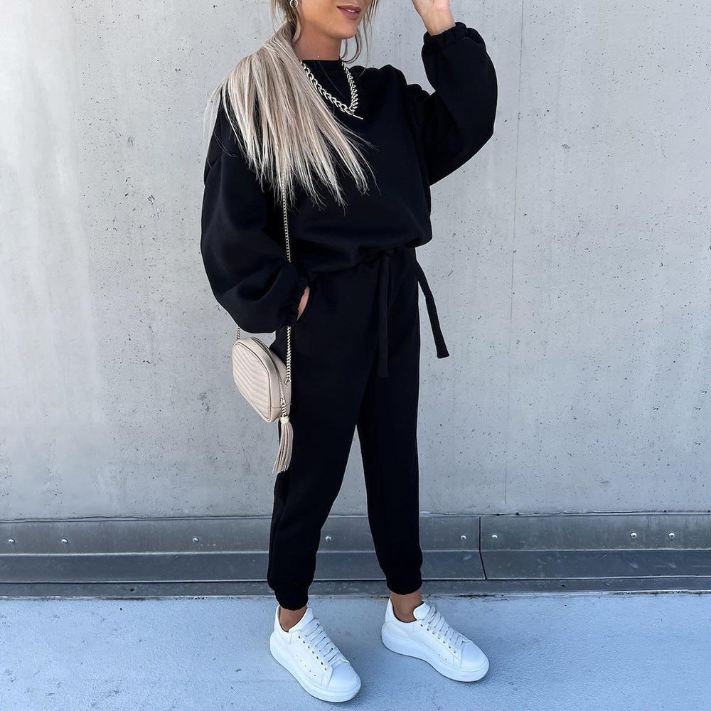 Fashion Solid Color Long-Sleeved Loose Casual Two-Piece Suit