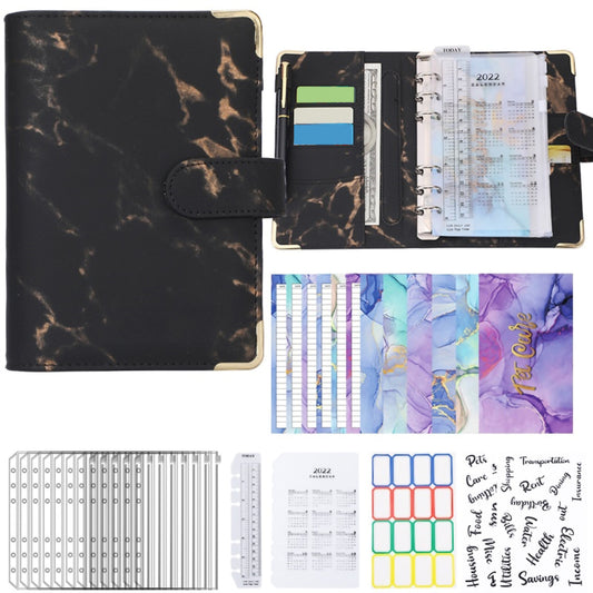 A6 PU Leather Budget Binder A6 Notebook Binder for Budgeting Money Saving Folder Marble Pattern Corner Protector Black