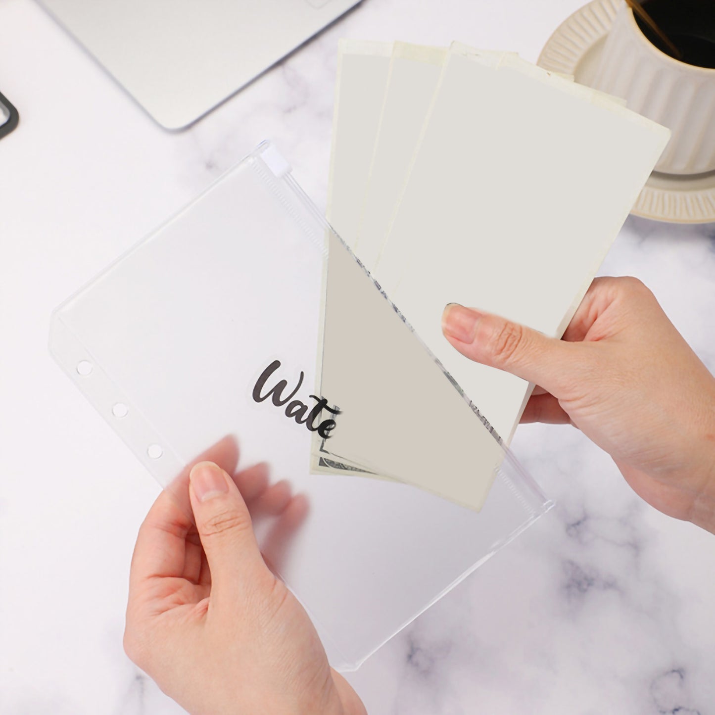 A6 PU Leather Budget Binder A6 Notebook Binder for Budgeting Money Saving Folder Marble Pattern Corner Protector Black