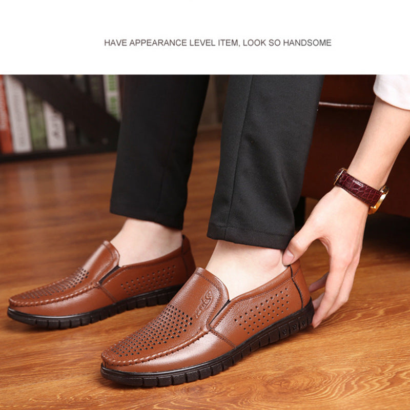 Breathable Hollow Hole Sandals Cowhide Middle-aged And Elderly Genuine Leather Soft Bottom Leather Shoes