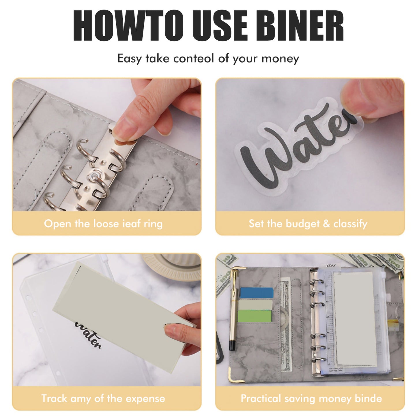 A6 PU Leather Budget Binder A6 Notebook Binder for Budgeting Money Saving Folder Marble Pattern Corner Protector Black