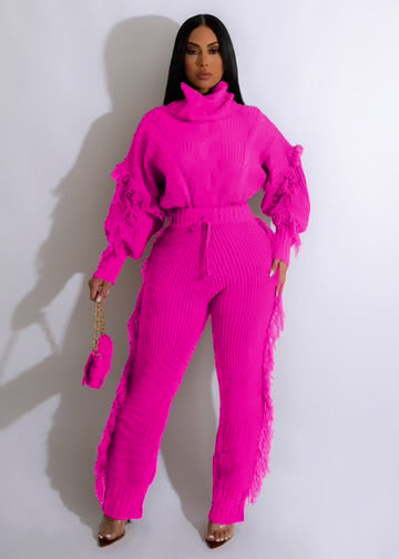 2PC Solid Knitted Long Sleeve High Neck Set