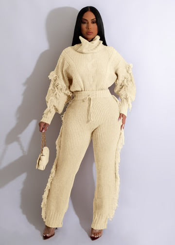 2PC Solid Knitted Long Sleeve High Neck Set