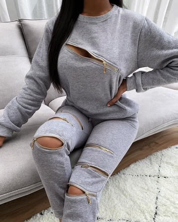 2PC Casual Zipper Solid Color Set