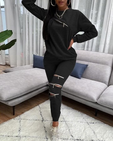 2PC Casual Zipper Solid Color Set