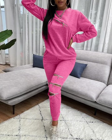 2PC Casual Zipper Solid Color Set