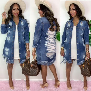 Tassel Breasted Ripped Long Denim Jacket