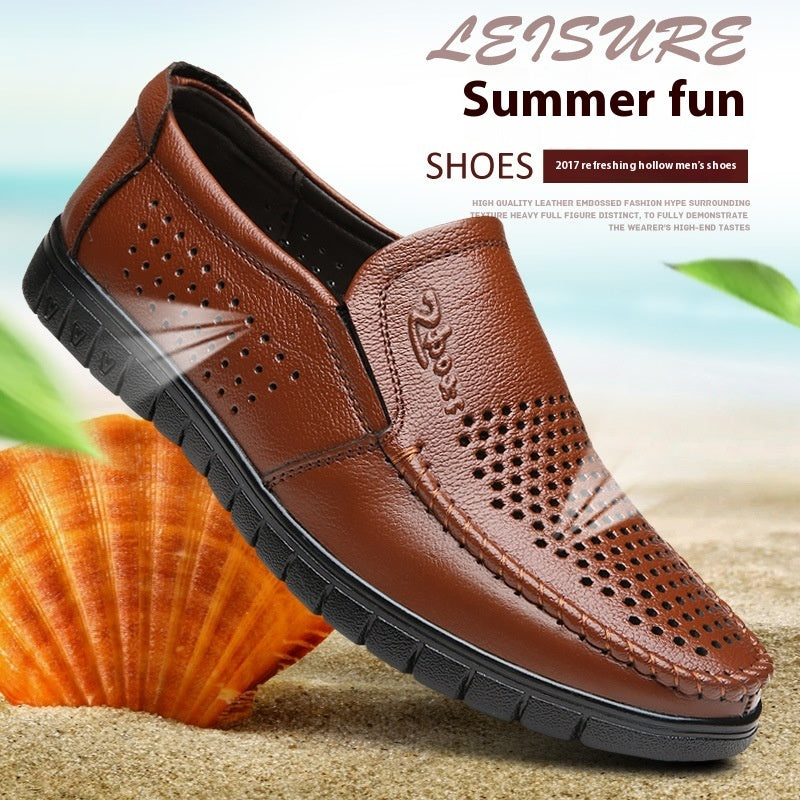 Breathable Hollow Hole Sandals Cowhide Middle-aged And Elderly Genuine Leather Soft Bottom Leather Shoes